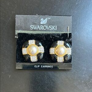 Vintage Swarovski Black and Gold Cross Clip Earrings